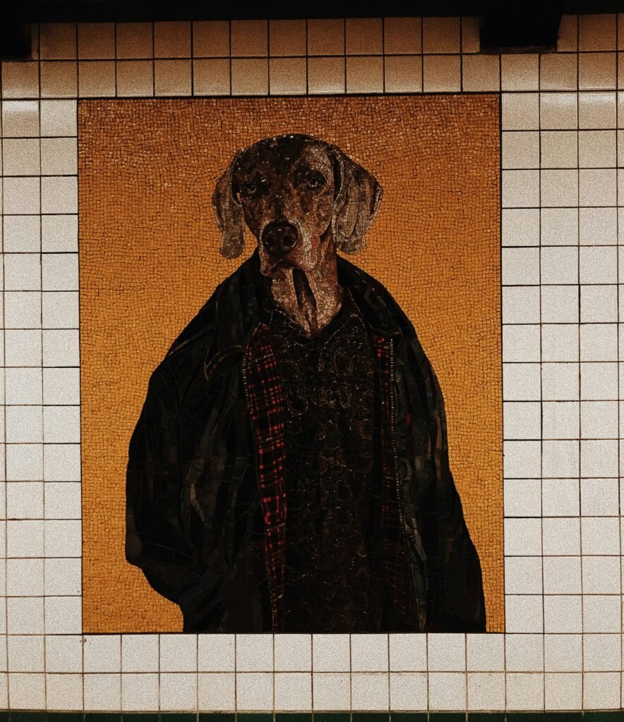 Modern artwork with head of dog and body of man on wall in street